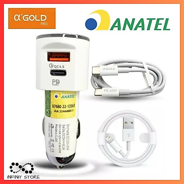 Kit Carregador Veícular Turbo Entrada USB E PD A'GOLD CJ06 60W IPHONE/TIPO C