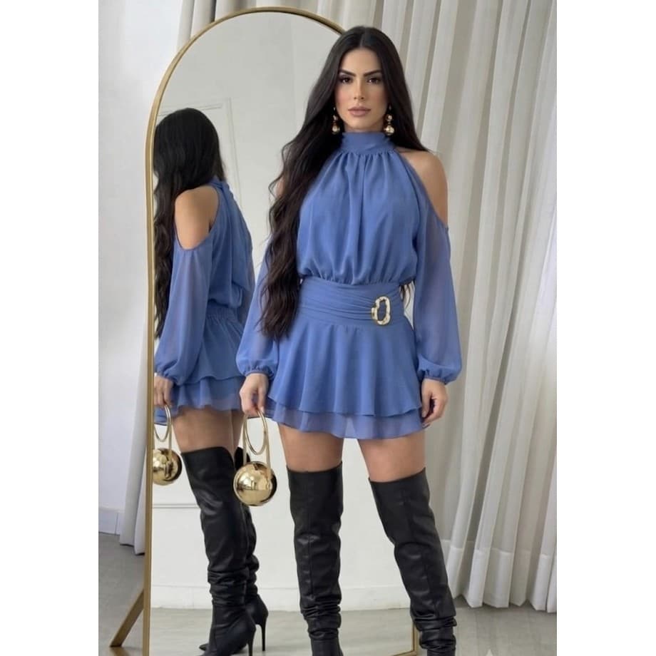 Vestido Mini Feminino Elegante de Chiffon com Gola Halter, Ombros Vazados e Bainha com Babados em Camadas Duna
