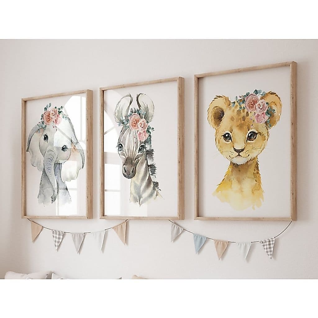 Kit com 3 Quadros Decorativos Infantil com Moldura Animais Flores Quarto Menina Bebê