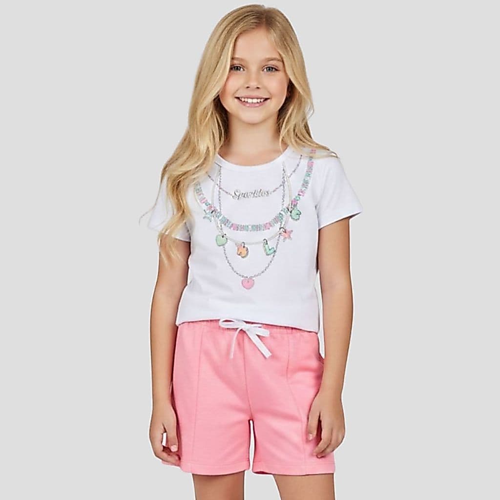 Conjunto Infantil e Teen Moda Menina de Verão com Blusa Manga Curta e Shorts