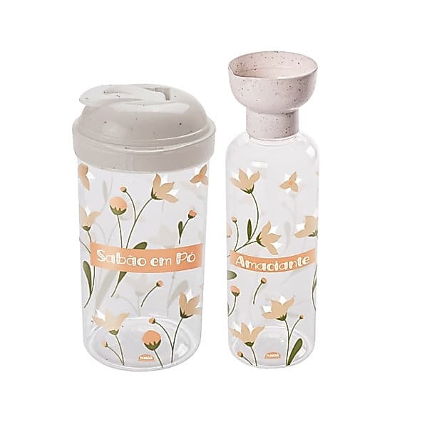 Kit Porta Amaciante + Porta Sabão Em Pó Decorado Floral