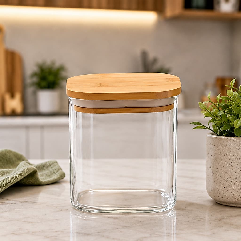 Pote de Vidro Hermetico 800 ML Quadrado com Tampa de Bambu Porta Mantimentos Organizador Cozinha Decorativo