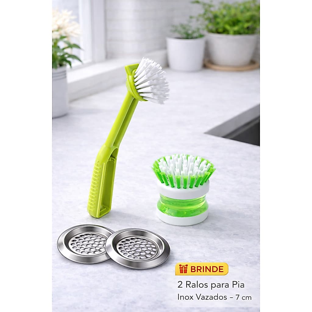 Kit Escova com Dispenser para Detergente + Escova Cabo Curvo + BRINDE 2 Ralos Inox 7cm-Agilidade na limpeza.