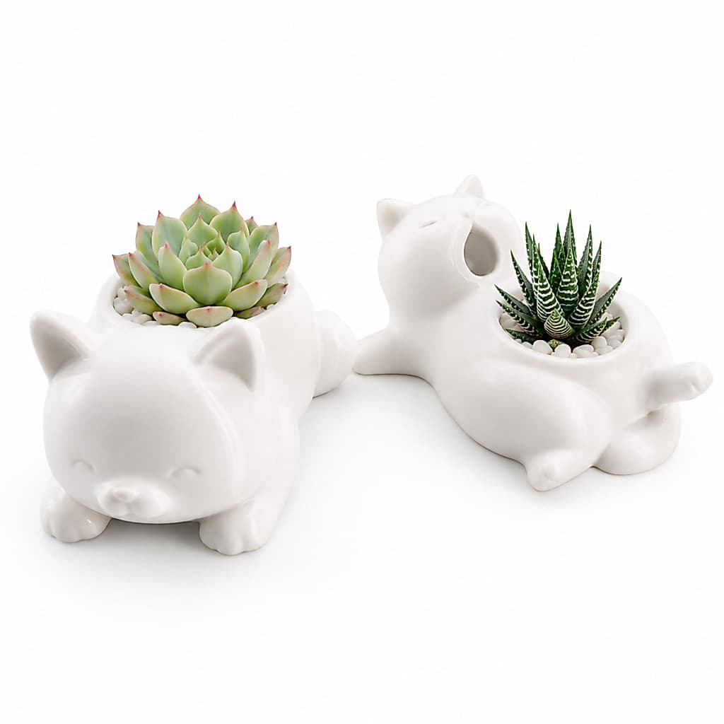 Kit 2 Vasos De Gatinho Para Suculentas Decorativo Fofo Branco Mini Vaso Gato Para Plantas Cactos Mesa Quarto Escritório