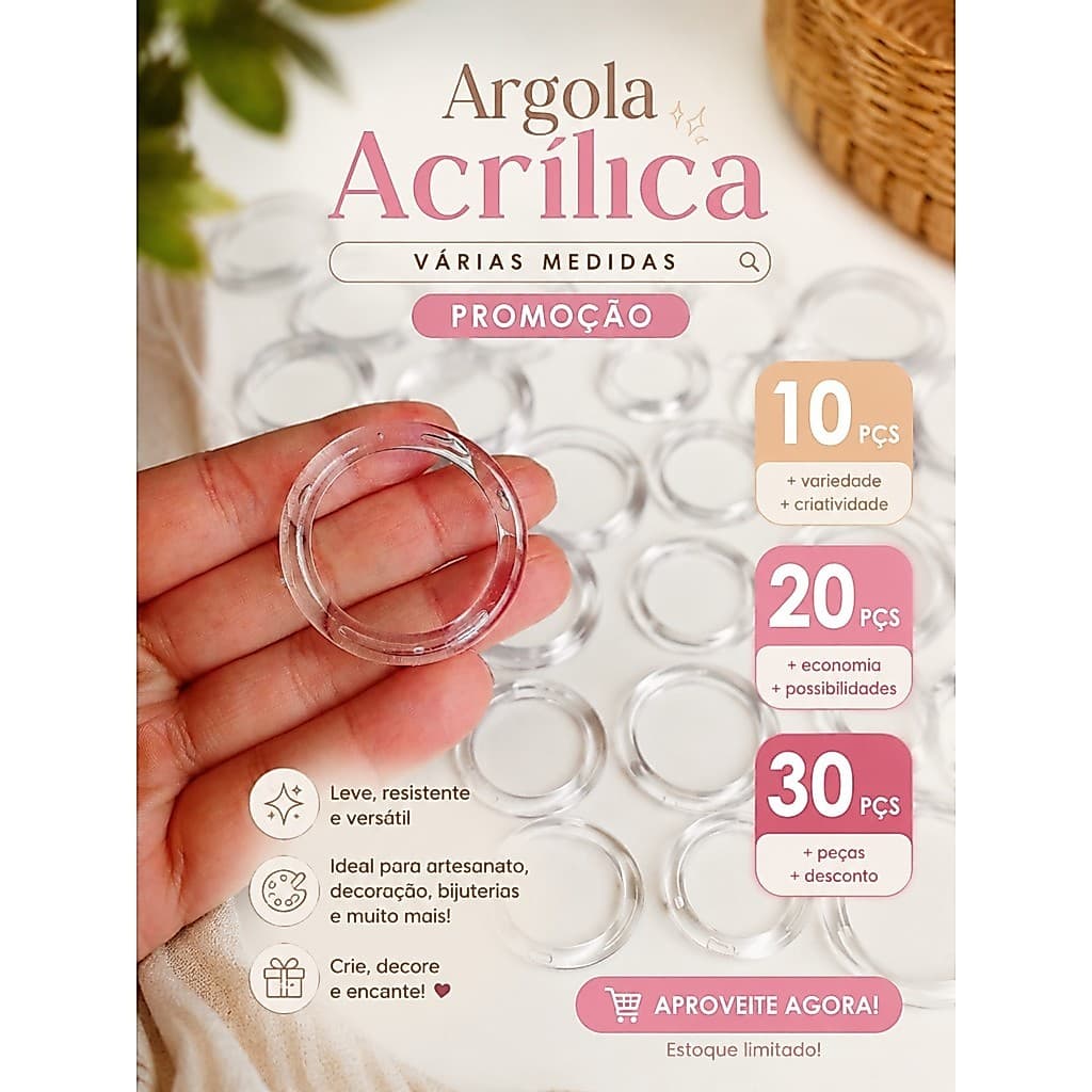 Kit 10 20 30 Argolas Acrílicas Transparentes Várias Medidas Para Chaveiro Artesanato Amigurumi Porta Guardanapo