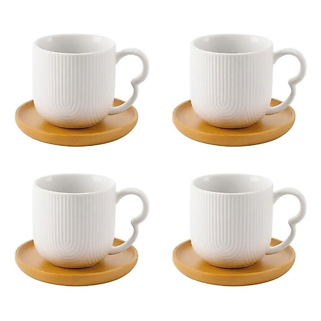 Jogo 4 Xícaras Porcelana Branco ou Preto De Café Chá Com Pires de Bambu Madeira Oásis 90ml