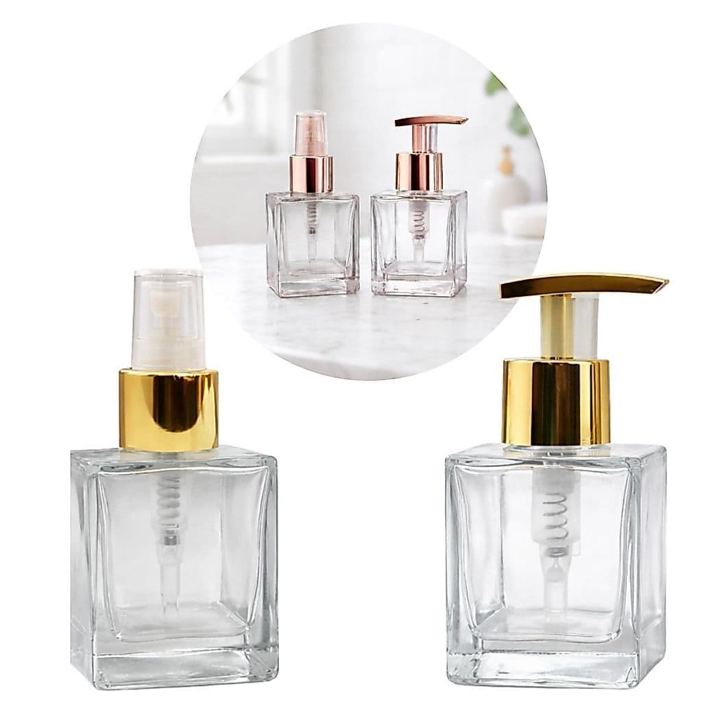 Kit 02 Frascos de Vidro Cubo Paris 100ml Com Válvula Saboneteira +Valvula Sspray