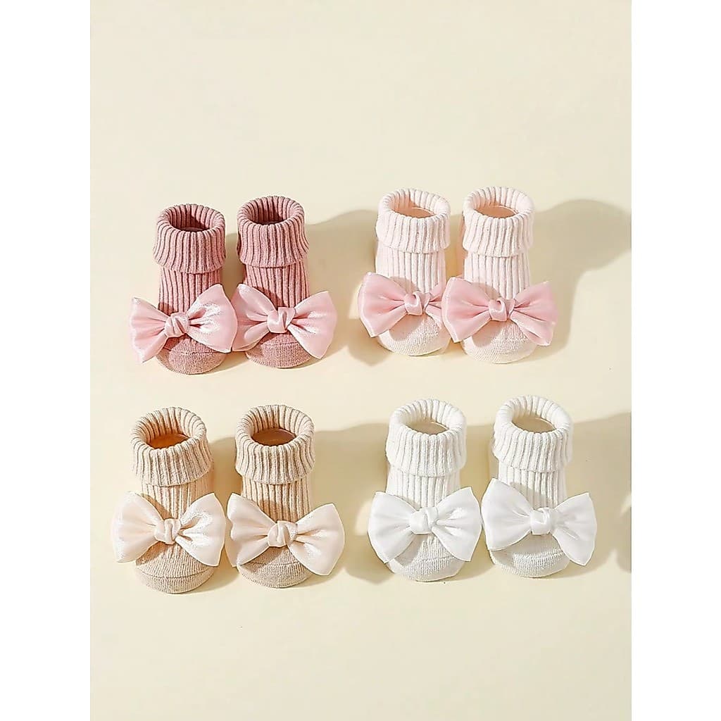 4 Pares De Meias Infantis Com Arcos, Meias Fofas De Algodão Macio Para Bebês Meninas