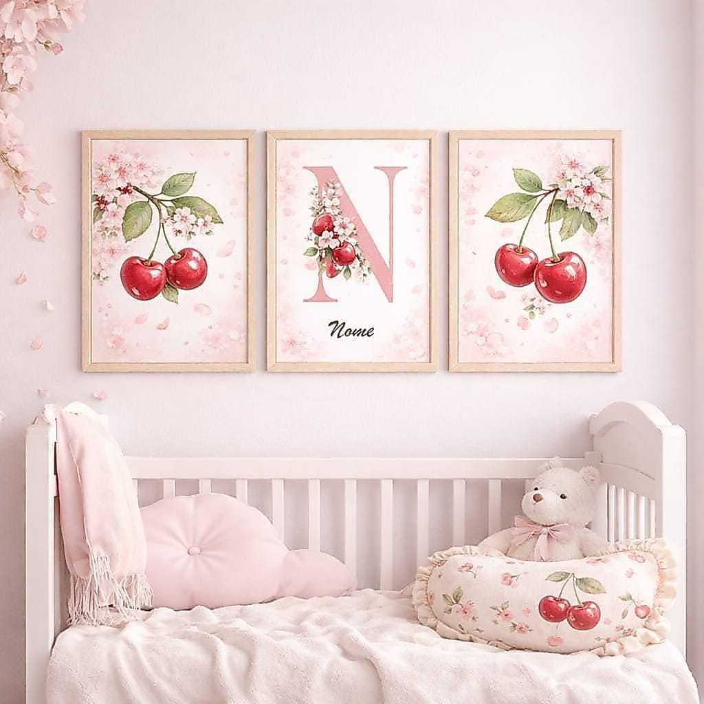 3 Peças Quadro Decorativo Infantil Personalizado com Nome Menina Tema Cereja