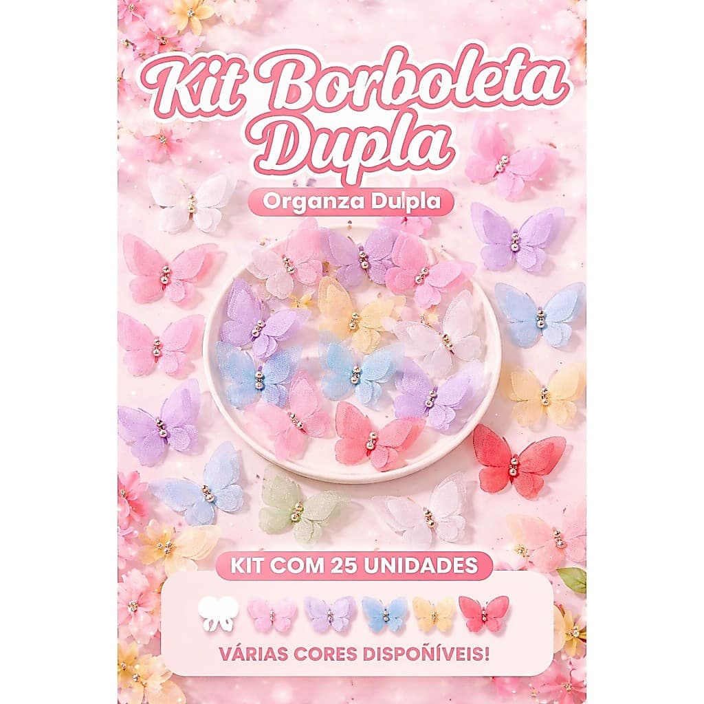 Aplique Borboleta de Organza com strass kit c/ 30 unidades para aplicar em laços roupas tiaras