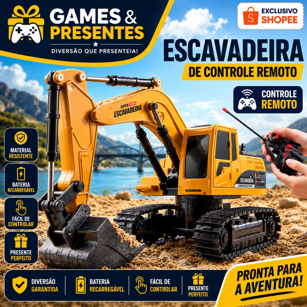 Escavadeira de Controle Remoto 2.4Ghz com  Movimentos Realistas