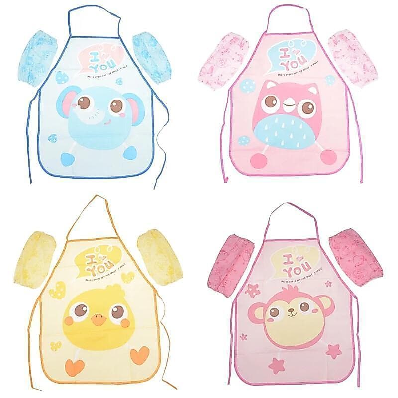 Conjunto de Avental Infantil com Desenhos Animados, Mangas, Chapéu de Chef, Bolso, para Artesanato, Arte, Cozinha, Culin