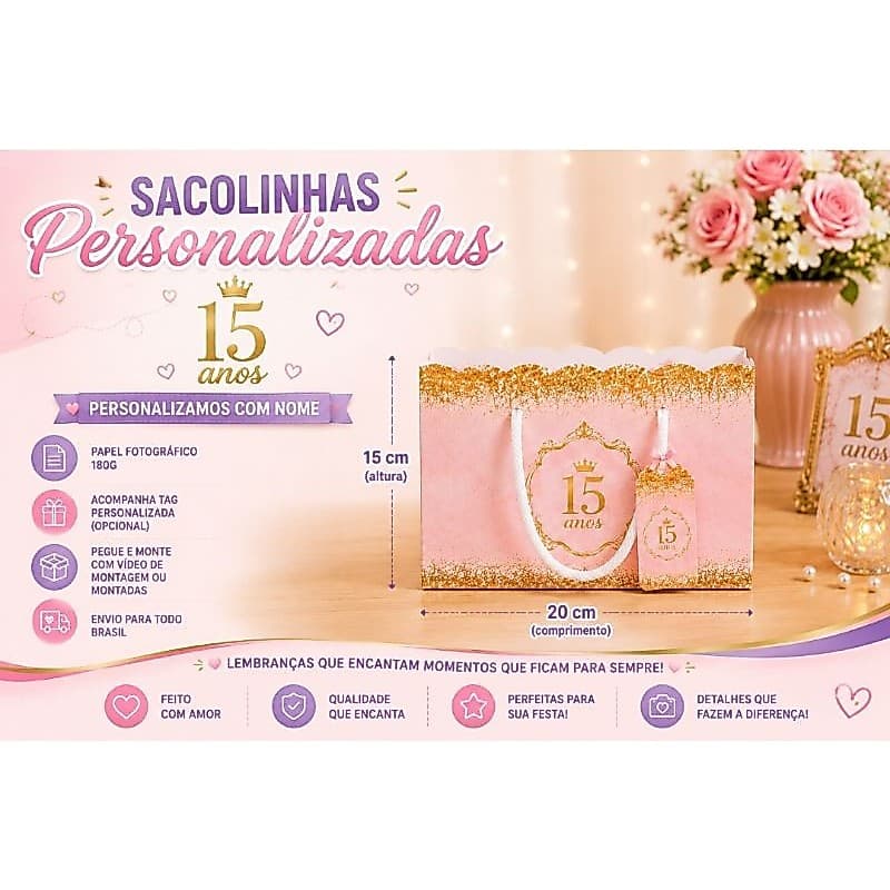 Sacolinhas Personalizadas 15 Anos Rosa e Dourado com Nome | Lembrancinha Festa Debutante | 20x15 cm