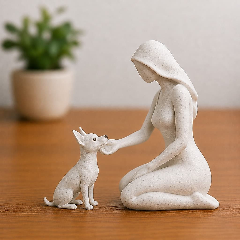 Escultura Mulher e Pincher Cachorro Minimalista Decorativa | Moderna para Mesa e Estante