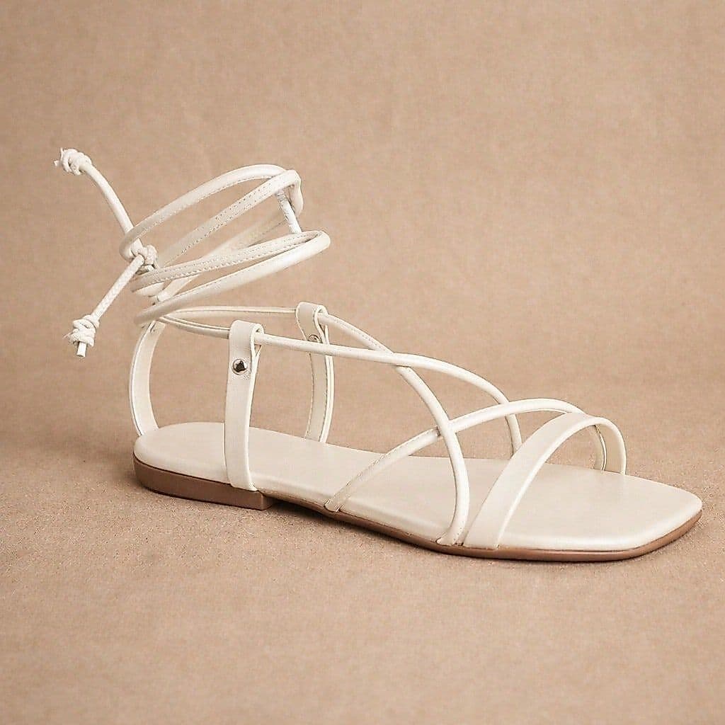 Sandália Rasteira Feminina Tiras Finas Gladiadora com Amarração Bico Quadrado Elegante Confortável Casual