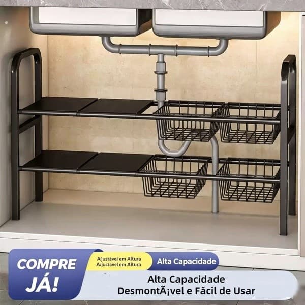 Organizador Multifuncional Retrátil para Pia de Cozinha, Suporte para Panelas e Utensílios Domésticos