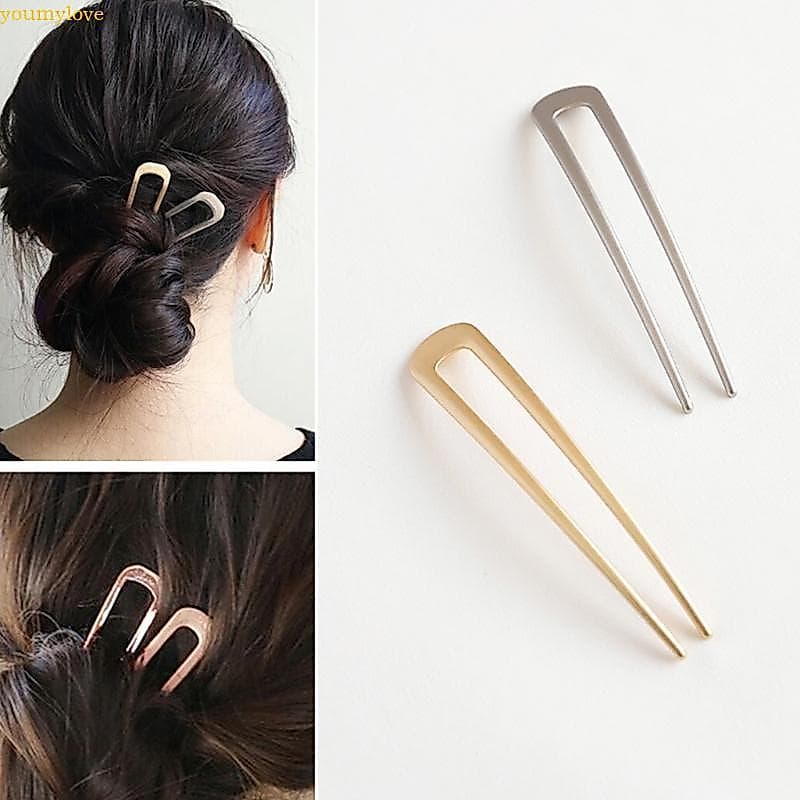 youmylove Chinês Metal Forma U Cabelo Vara Garfo Clipe Minimalista 2 Pinos Updo Pino