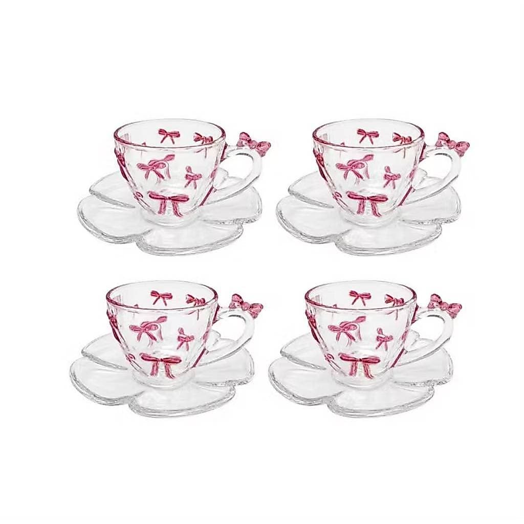 Kit 4 Xícara De Café com Pires de Vidro com Detalhe de Laço Rosa 105 ml Mesa Posta Elegante