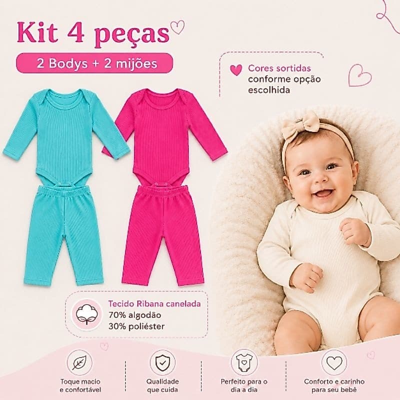 Kit com 4 peças mijão calça e body manga longa infantil bebe masculino e feminino bory