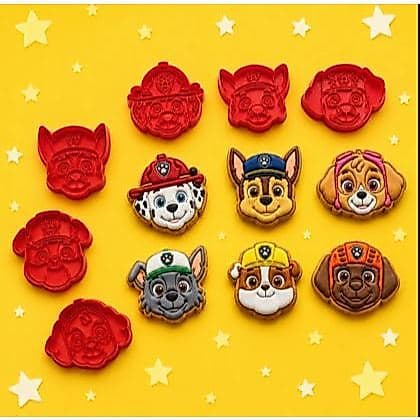 Kit 6 Cortadores Marcador Patrulha Canina Biscoito Bolacha Pasta Cookie (com pegador) 6,5cm