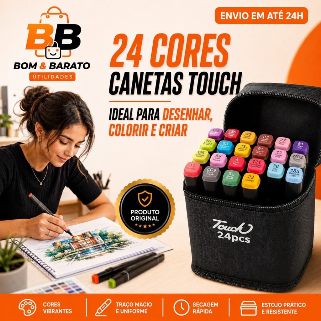 Kit 24 Canetas Touch Duas Pontas Marcador Artístico Colorido Ponta Dupla para Desenho Lettering Ilustração + Estojo