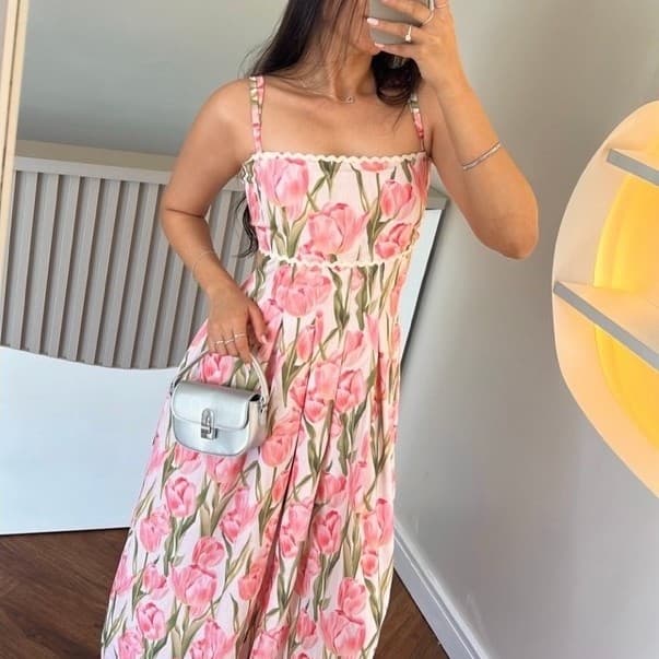 vestido longo estampado , estampa tulipa , longo alcinha ,  vestido tendência ,
