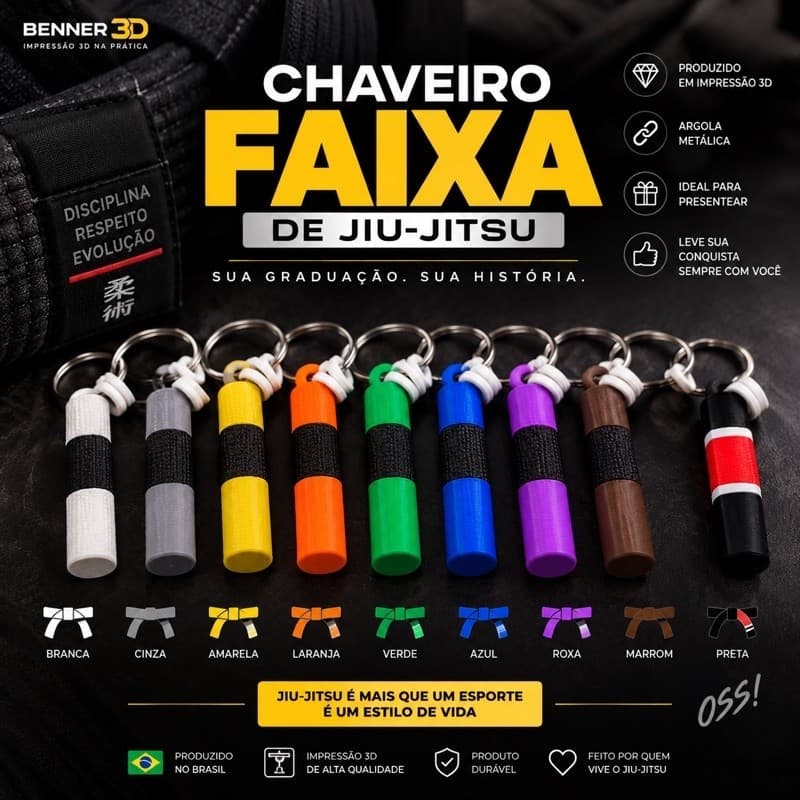 Chaveiro Faixa Jiu-Jitsu 3D Graduação Branca Azul Roxa Marrom Preta
