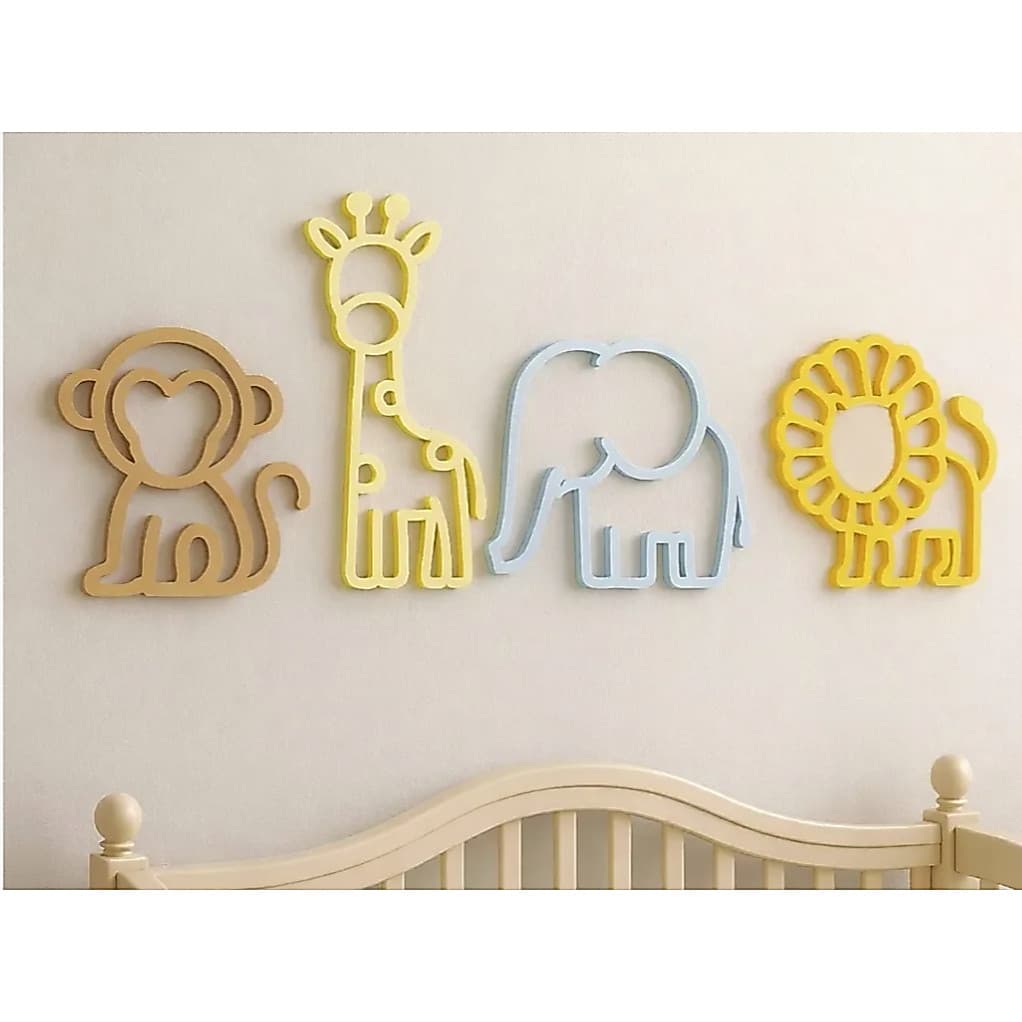 Kit Decoração de Parede Safari Infantil 4 Peças | Macaco, Girafa, Elefante e Leão |
