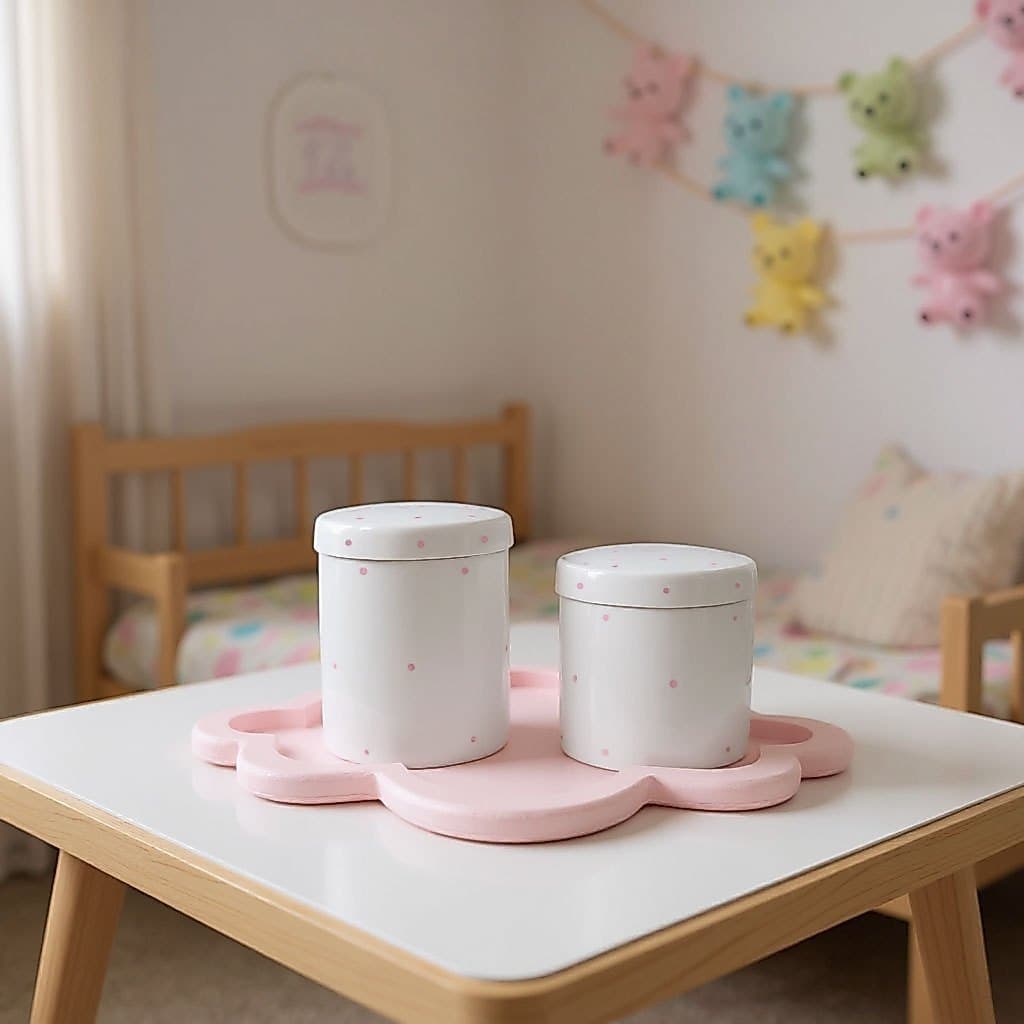 Kit higiene porcelana com bandeja nuvem rosa poá