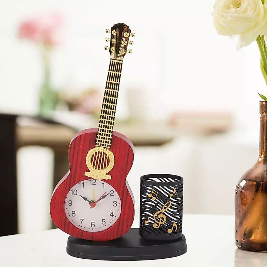 Relógio de Mesa Violão com Base Despertador e Porta Caneta Cor Mogno/ Lindo e Decorativo