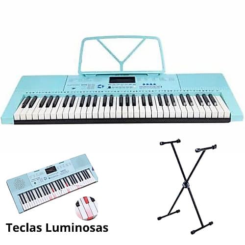 Teclado Musical Estudante Profissional C/teclas Luminosa Mxt Cor Azul + Suporte teclado em x ate 15 kg