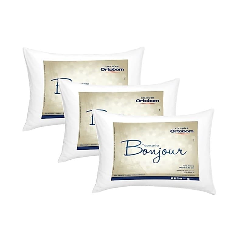 Kit 3 Travesseiros Ortobom Bonjour 3 Unidades 50x70cm Antialérgico