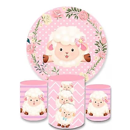 Kit Decorativo Painel Redondo C/ Elástico + Trio Capa Cilindro Ovelha Rosa