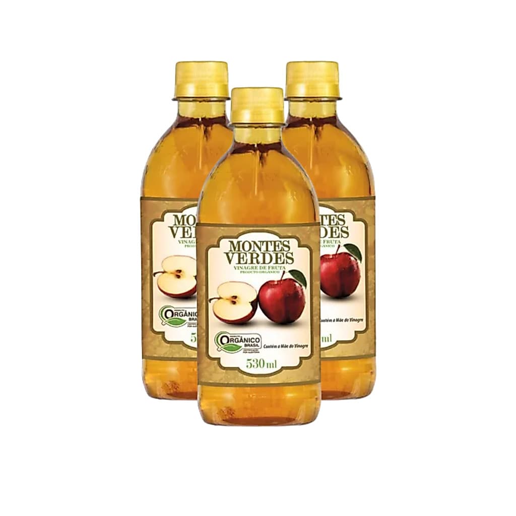 KIT 3X Vinagre de Maca 100% Orgânico 530ml Puro Vegano Montes Verdes 5% Acidez Ajuda Emagrecer Saúde