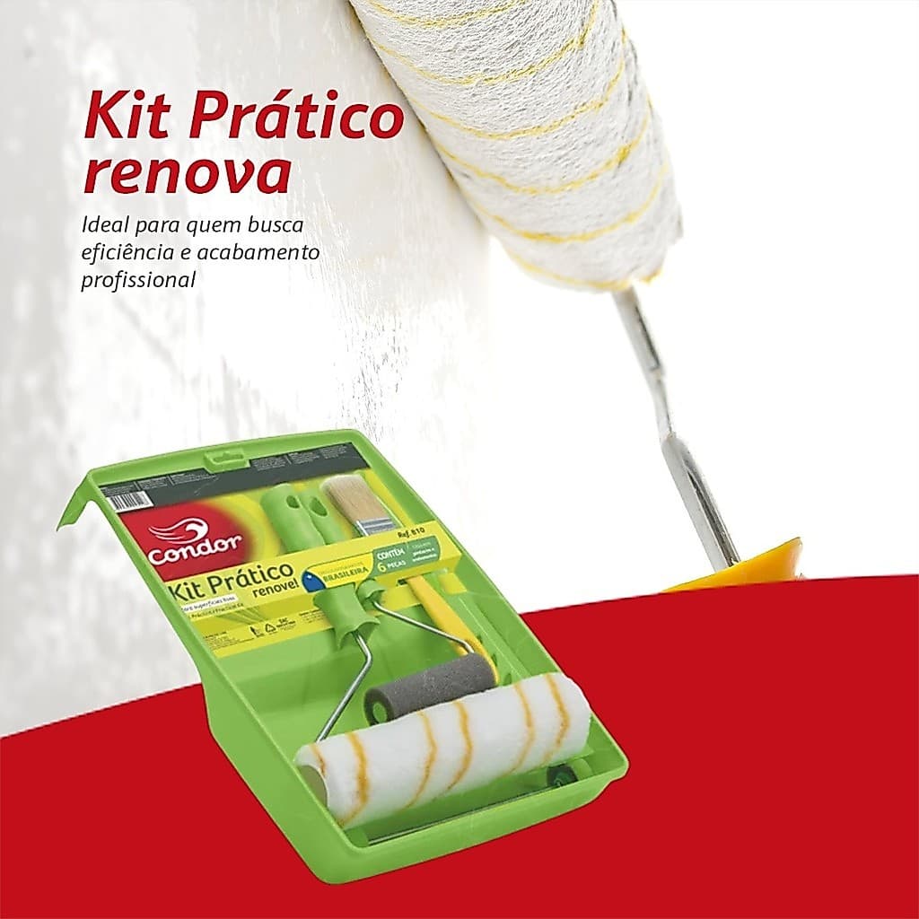 Kit Pintura Casa Parede Rolo Lã Anti Respingo Pincel E Bandeja 5 e 6 Peças Condor