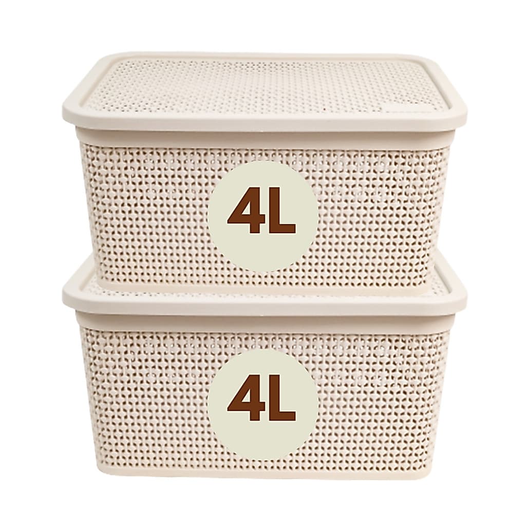 Kit 2 Cestos 4 Litros Caixa Organizadora Multiuso Rattan com Tampa Alças Laterais Cesto Organizador