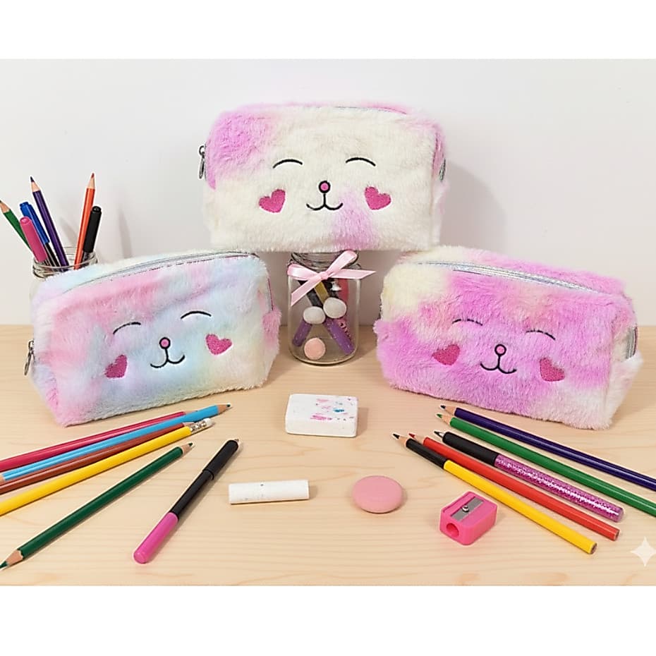 estojo de pelúcia meninas espaçosa multicores fofa  Estojo de Lápis de Pelúcia para Canetas e Papelaria