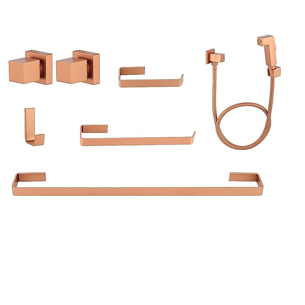 Kit Acessórios Conjunto Banheiro 7 Peças Square Quadrado Rose Gold Alumínio Suporte