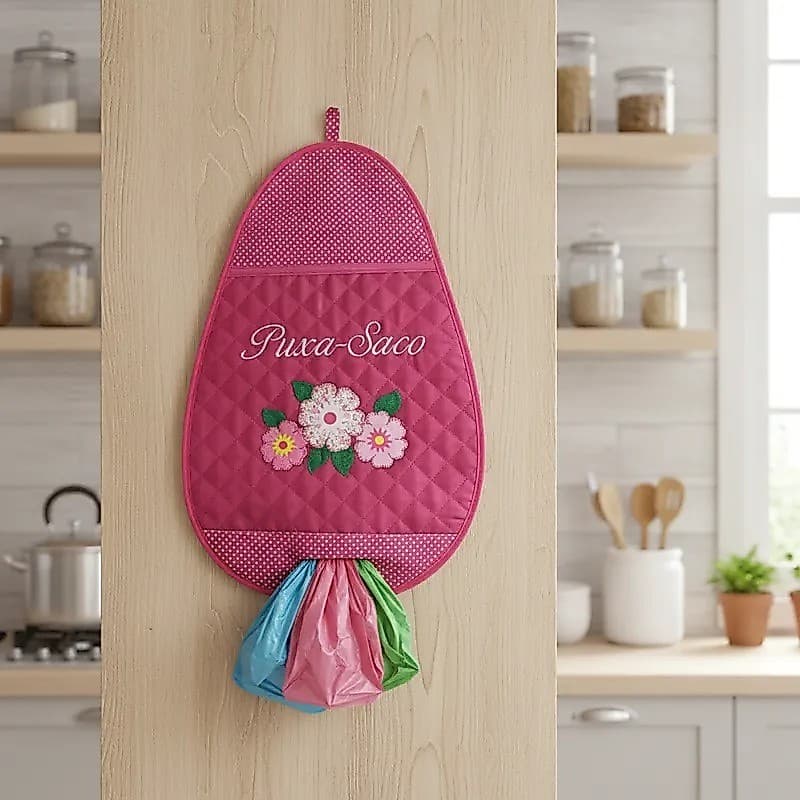 Puxa Saco Bordado Artesanal Matelado | Porta Sacolinhas para Cozinha