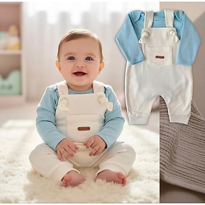 Conjunto Premium Bebê Jardineira Moletom + Body Manga Longa Algodão (0 a 9 meses)