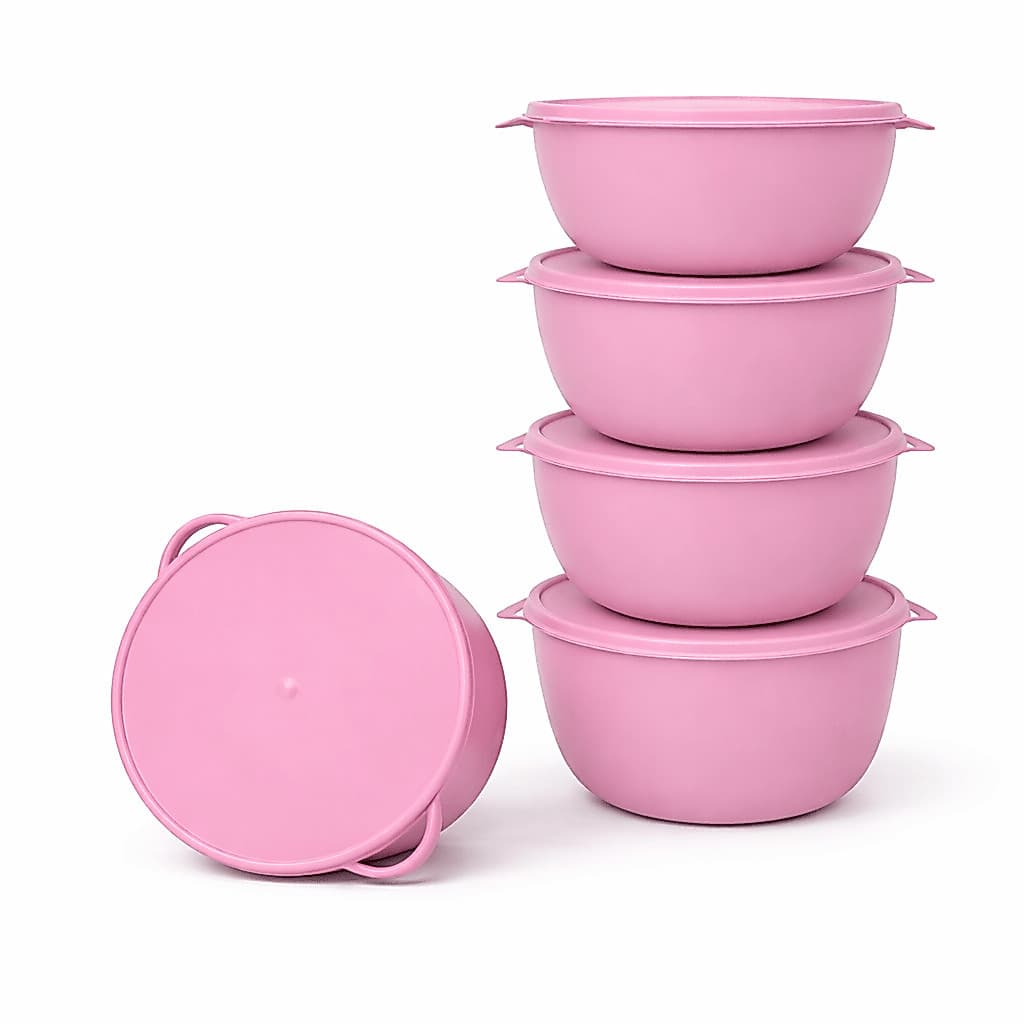 Kit C/ 5 Potes Plásticos Bowl Redondo 2800ml C/ Tampa Alça BPA Free Saladeira Cozinha Várias Cores