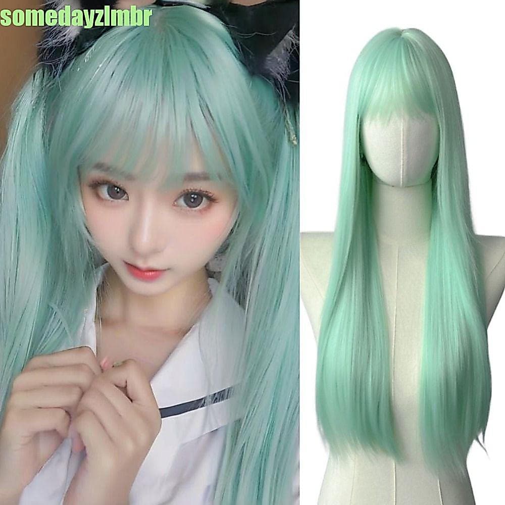 SOMEDAYZL0M Perucas Cosplay De Anime Verde Menta , Cabelo Longo E Reto Natural Lolita , Extensão De