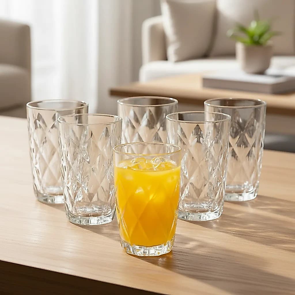Jogo 6 Copos 400ml De Vidro Diamond  Design Sofisticado Para Água Suco E Drink
