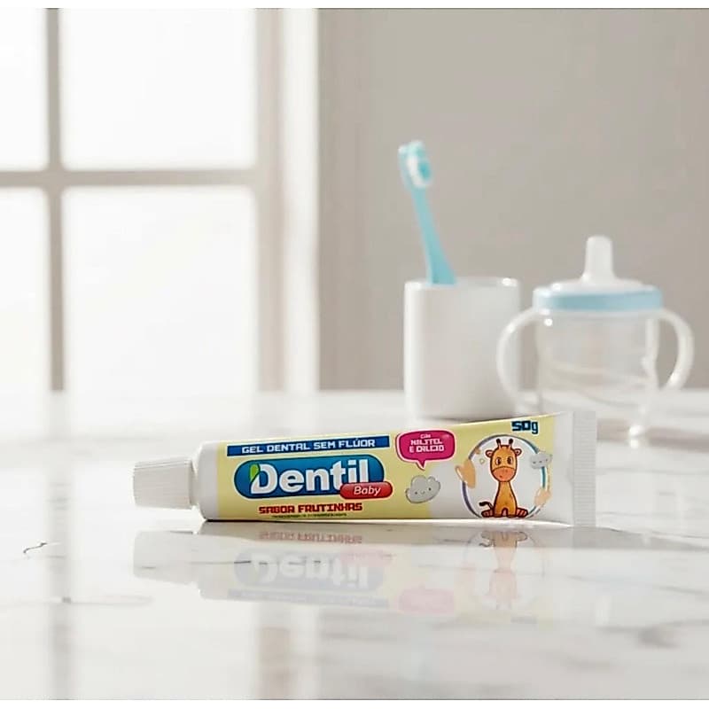 Gel Dental Sem Flúor com Xilitol Camomila Dentil Baby Frutinhas Bebês 1 a 3 anos