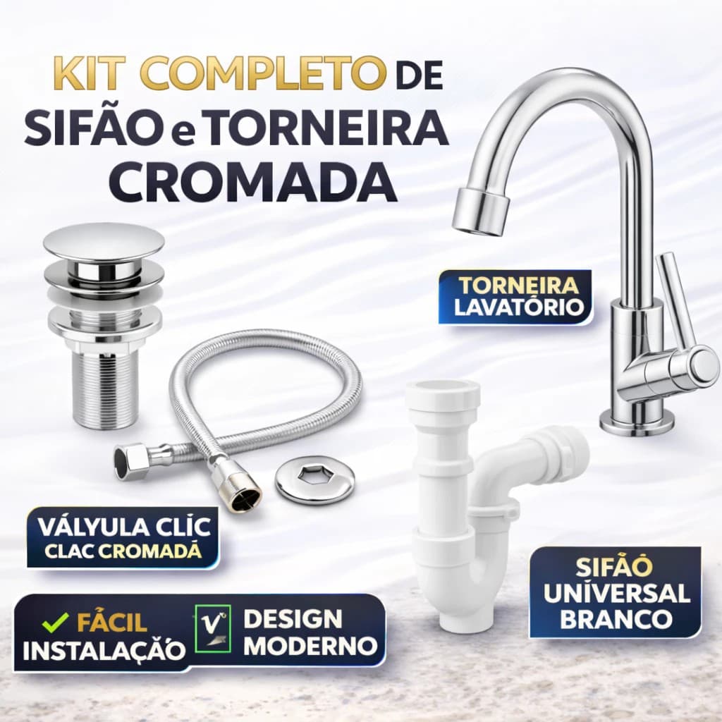 Kit Completo Torneira Banheiro Cromada + Sifão Universal + Válvula Click + Engate Inox
