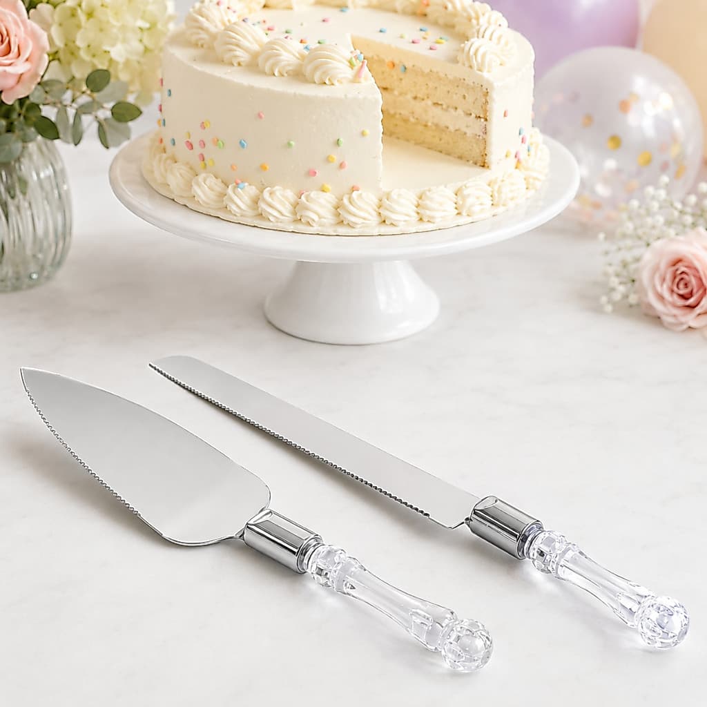 Kit Espátula E Faca Para Bolo Doces Inox Servir Cabo Acrílico Corte Personalizado Moderno
