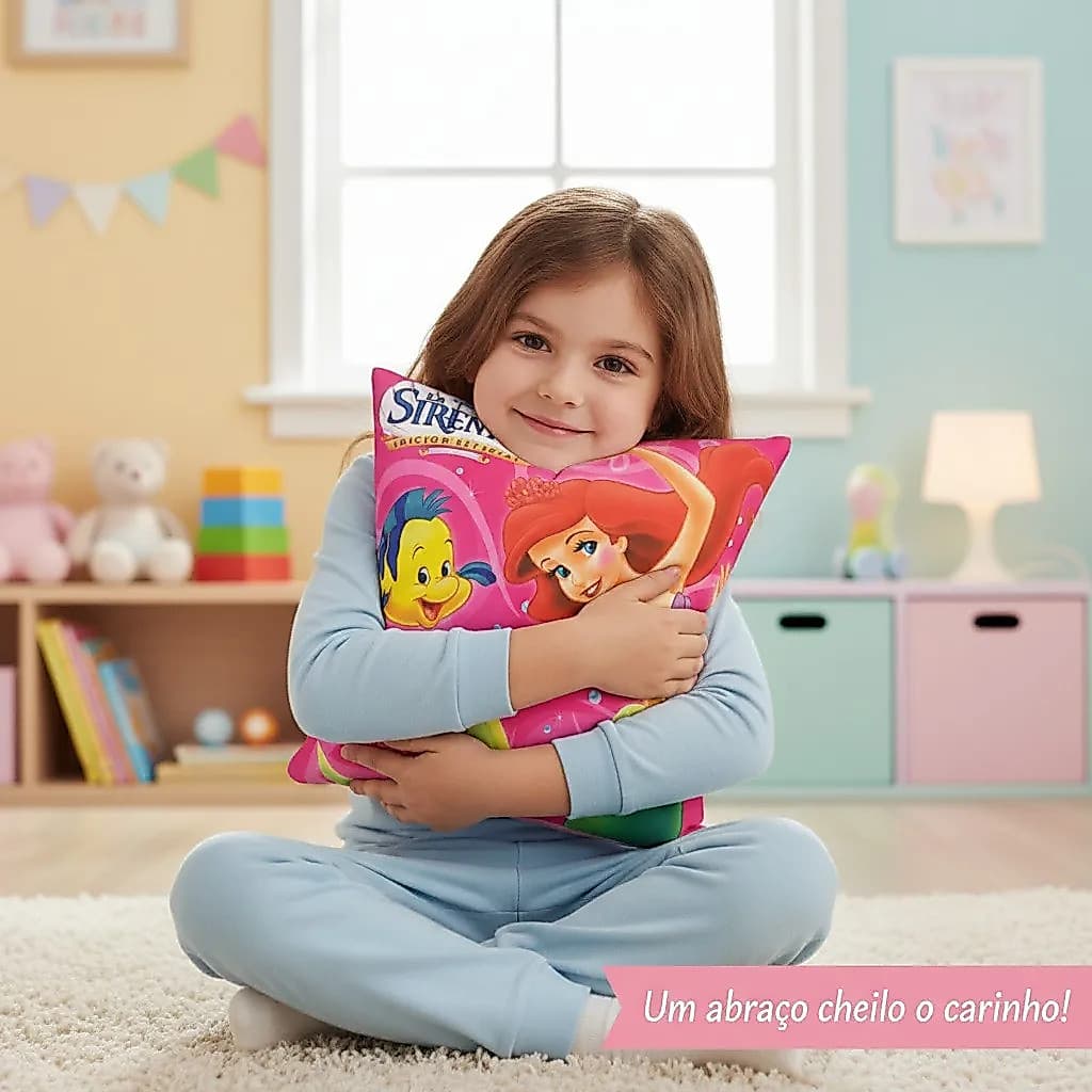 Almofada A Pequena Sereia Ariel Infantil 30x30cm Cheia Antialérgica