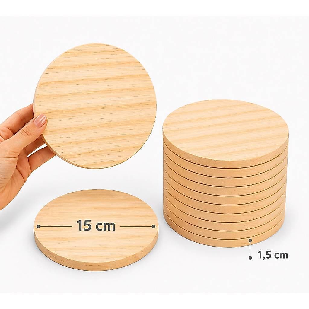 KIT 10 BOLACHA REDONDA DE PINUS 15 CM DIÂMETRO — MADEIRA NATURAL | 15 MM - PLACA REDONDA MADEIRA PINUS 15 CM DIAMETRO