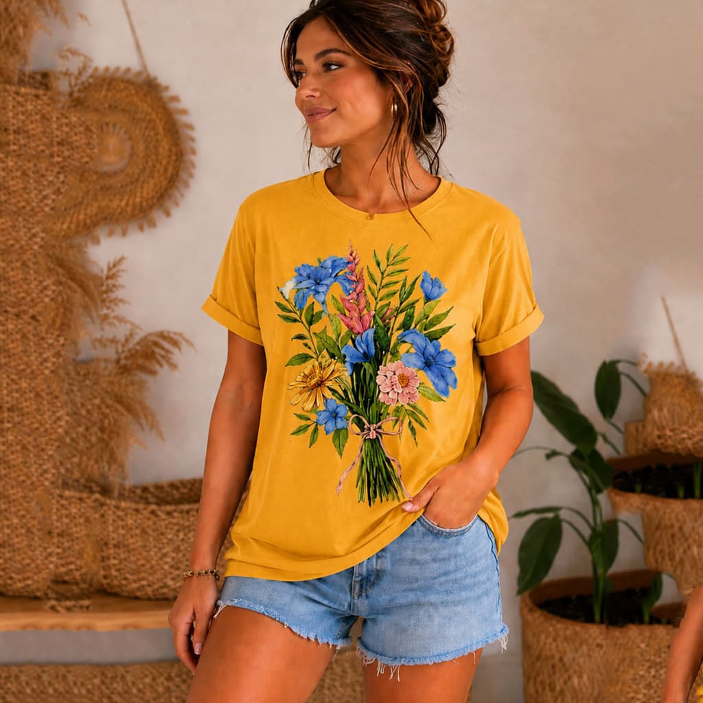 Camiseta Feminina Flores Estilosa Tecido de Qualidade Plus Size