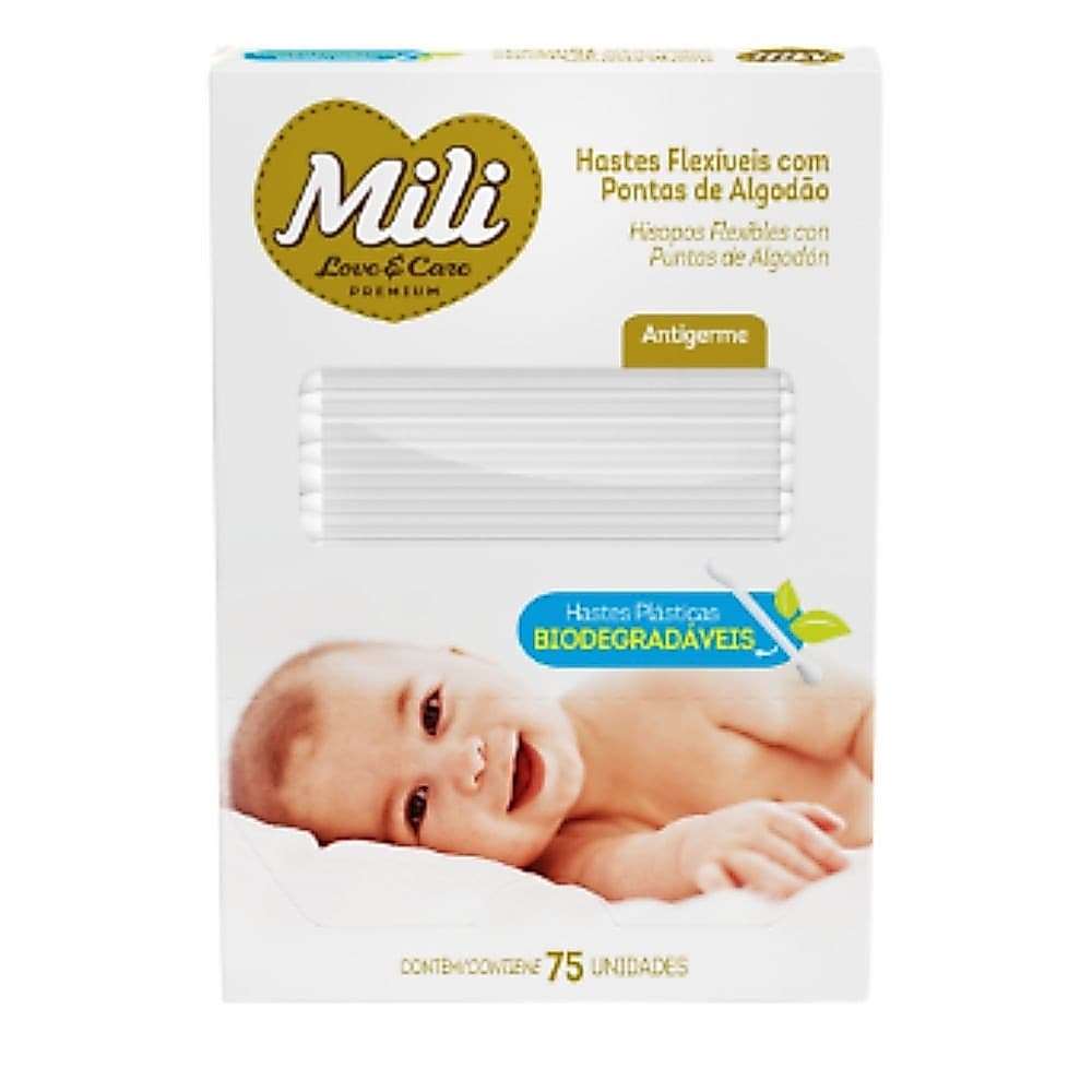 Cotonete Hastes Flexiveis transparente 1 caixa c/ 75 unidades Biodegradável - MILI